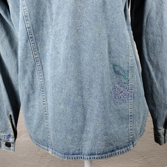 Denim & Co. Vintage Light Blue Embroidered High Collar Button Up Denim Shacket - Picture 10 of 14